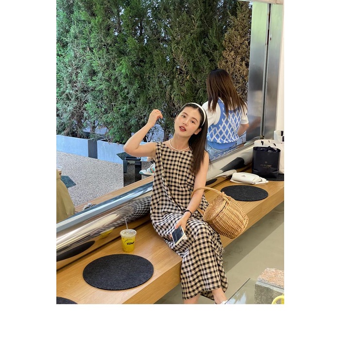 Đầm sát nách phối dây rút họa tiết sọc caro phong cách mùa hè thời trang cho nữ