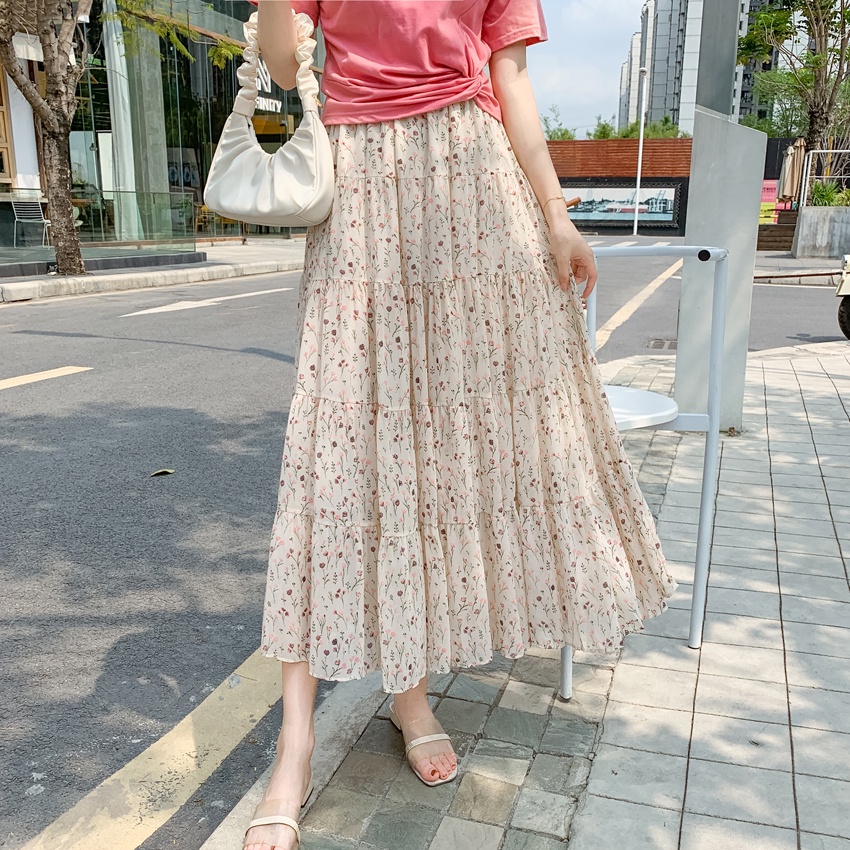 Chân váy voan BH dáng dài lưng cao in hoa thời trang mùa hè hàng mới 2022