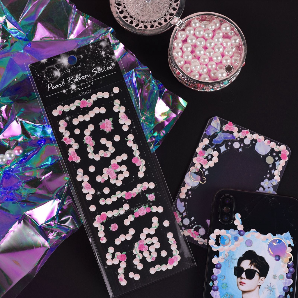 Sticker hologram pearl ribbon hình dán trang trí sổ tay toploader | BST146