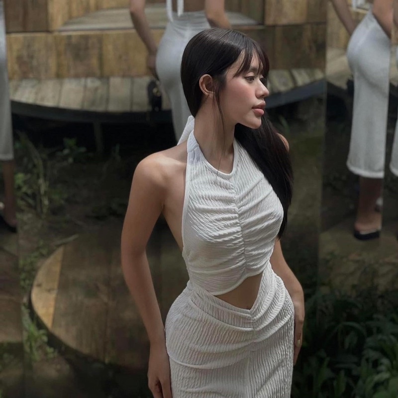 Váy đầm ôm body cổ yếm thắt nơ cut out eo hở lưng sexy xẻ tà chéo nhiều màu