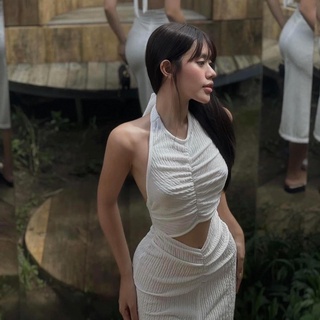Váy đầm ôm body cổ yếm thắt nơ cut out eo hở lưng sexy xẻ tà chéo nhiều màu