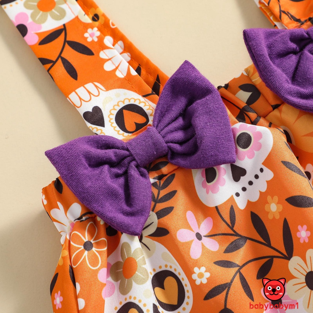 Bộ 3 Món Áo + Chân Váy + Băng Đô In Họa Tiết Hoa / Đầu Lâu Halloween Cho Bé Gái