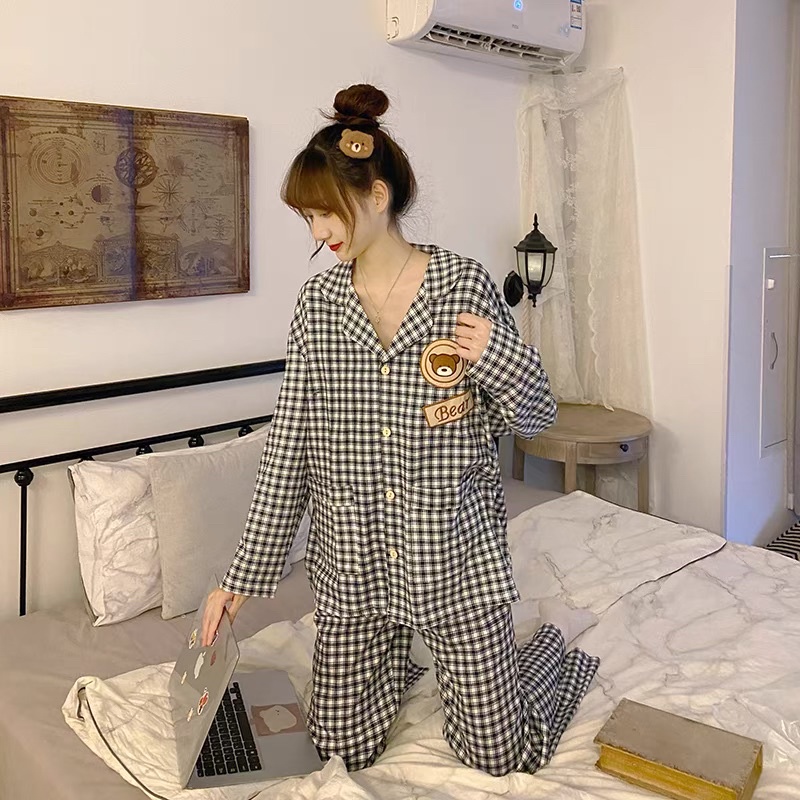 Đồ bộ - Đồ ngủ Pijama dài tay thêu gấu hoạ tiết caro | BigBuy360 - bigbuy360.vn