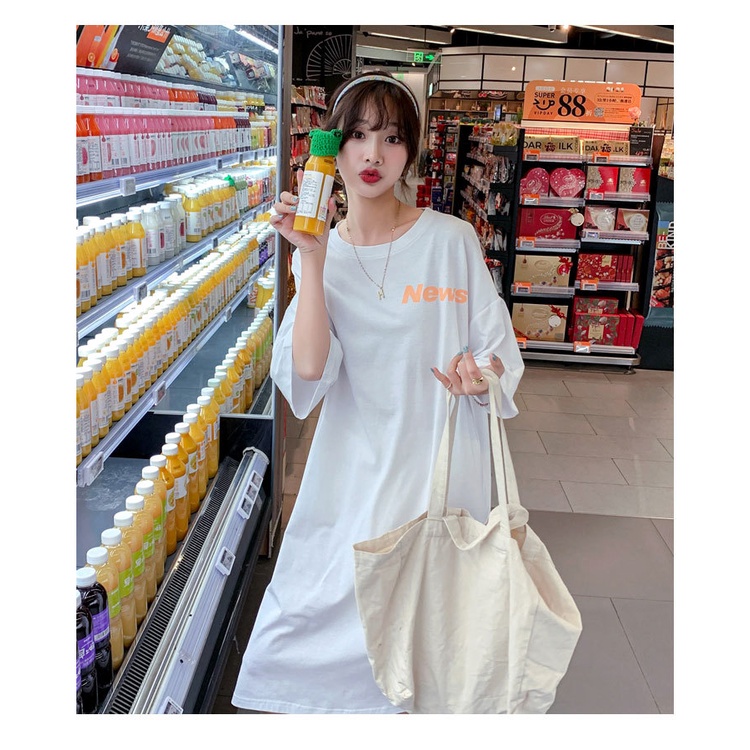 Đầm Suông Thun Tay Ngắn Dáng Rộng In News Đơn Giản  Chất Cotton Mềm Mát Tới 75kg Phong Cách  Trẻ TrungTTDS0476