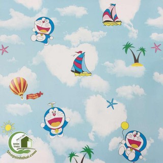 Giấy dán tường doremon màu xanh nhạt có bầu trời mây, khổ 90cm có sẵn keo dán