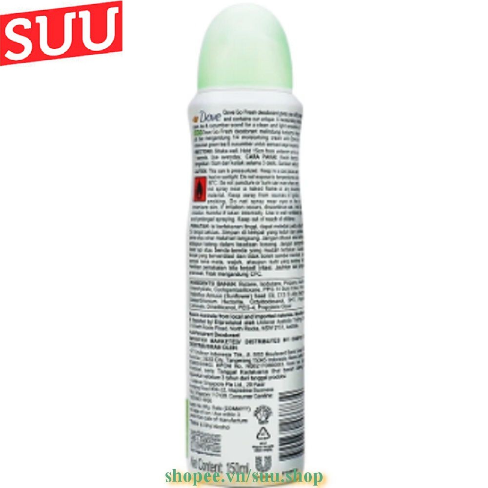 Xịt Khử Mùi Nữ 150Ml Dove Go Fresh Dưa Leo, suu.shop Cam Kết 100% Chính Hãng.