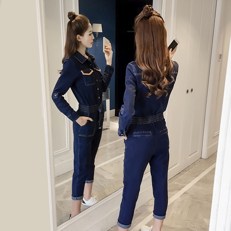 Jumpsuit Denim Dài Tay Thiết Kế Mới Kiểu Dáng Đơn Giản Thời Trang Theo Phong Cách Hàn Quốc