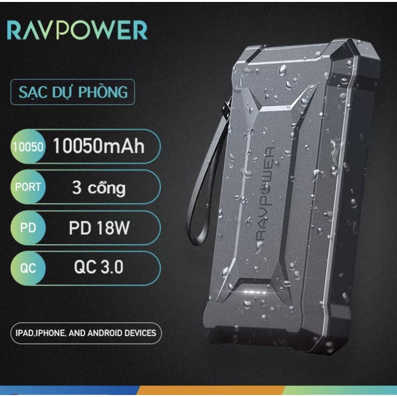 Pin sạc dự phòng chống nước IP67 RAVPOWER RP-PB096 10500mAh PD &amp; QC 3.0 18W tích hợp đèn pin flash