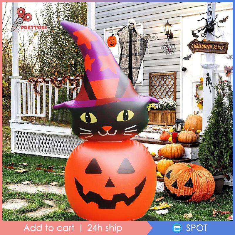 [Prettyia1] Bong Bóng Bơm Hơi Có Đèn Nhấp Nháy Hình Bí Ngô Mèo Trang Trí Halloween Cho Cỏ