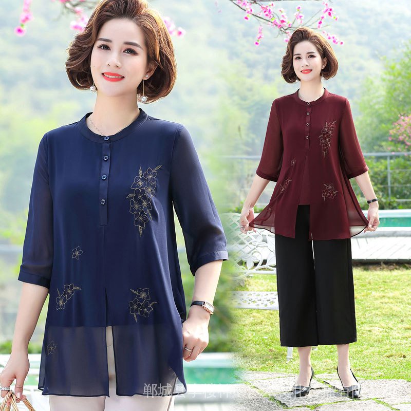 Áo Sơ Mi Chiffon Hai Mảnh Tay Lửng Phong Cách Phương Tây Thời Trang Mùa Hè Hàng Mới Dành Cho Phụ Nữ Trung Niên 2022