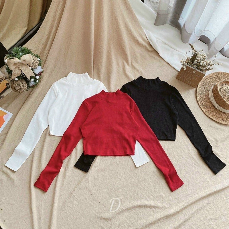 ❤️ Áo len gân croptop cổ lọ tay dài ❤️(kèm ảnh thật)