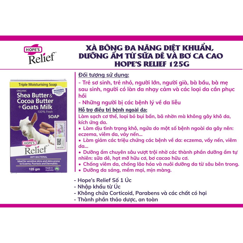 Xà bông sữa dê và bơ ca cao hạt mỡ Hope’s Relief 125g cho da khô ngứa, eczema, vảy nến