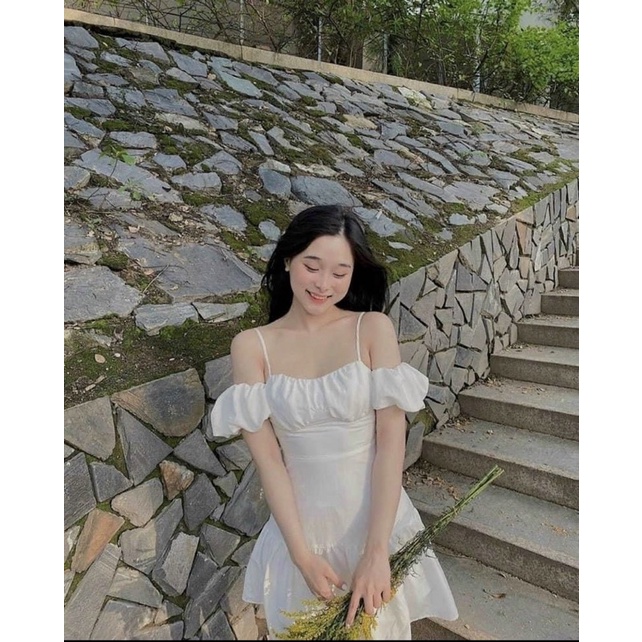 (Ảnh thật) Đầm Trắng Ngắn Hai Dây Trễ Vai Công Chúa Mặc Đi Tiệc, Đi Chơi, Kỷ Yếu (Hình Thật) D044