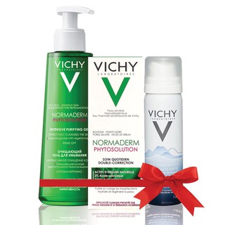 Bộ sản phẩm chăm sóc da mặt Vichy: Gel rửa mặt cho da dầu mụn 200ml, Gel Dưỡng Ẩm Kép Giảm Mụn 50ml và Xịt Khoáng 50ml