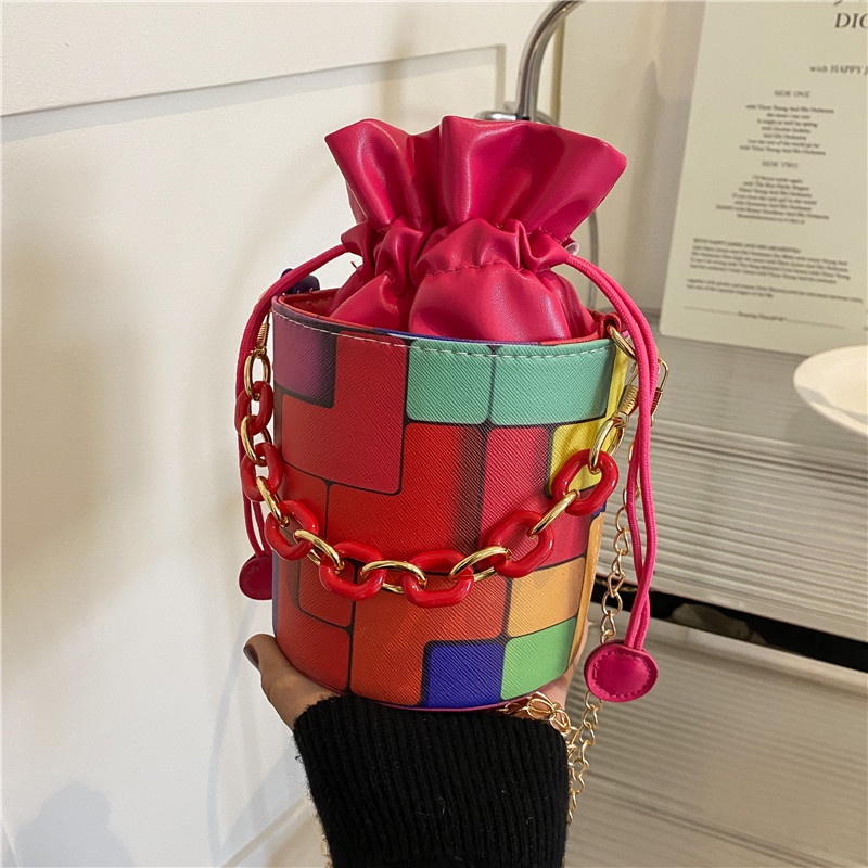 Túi Đeo Vai Hình Trụ In Họa Tiết graffiti Màu Sắc Tương Phản Thời Trang 2022 Cho Nữ