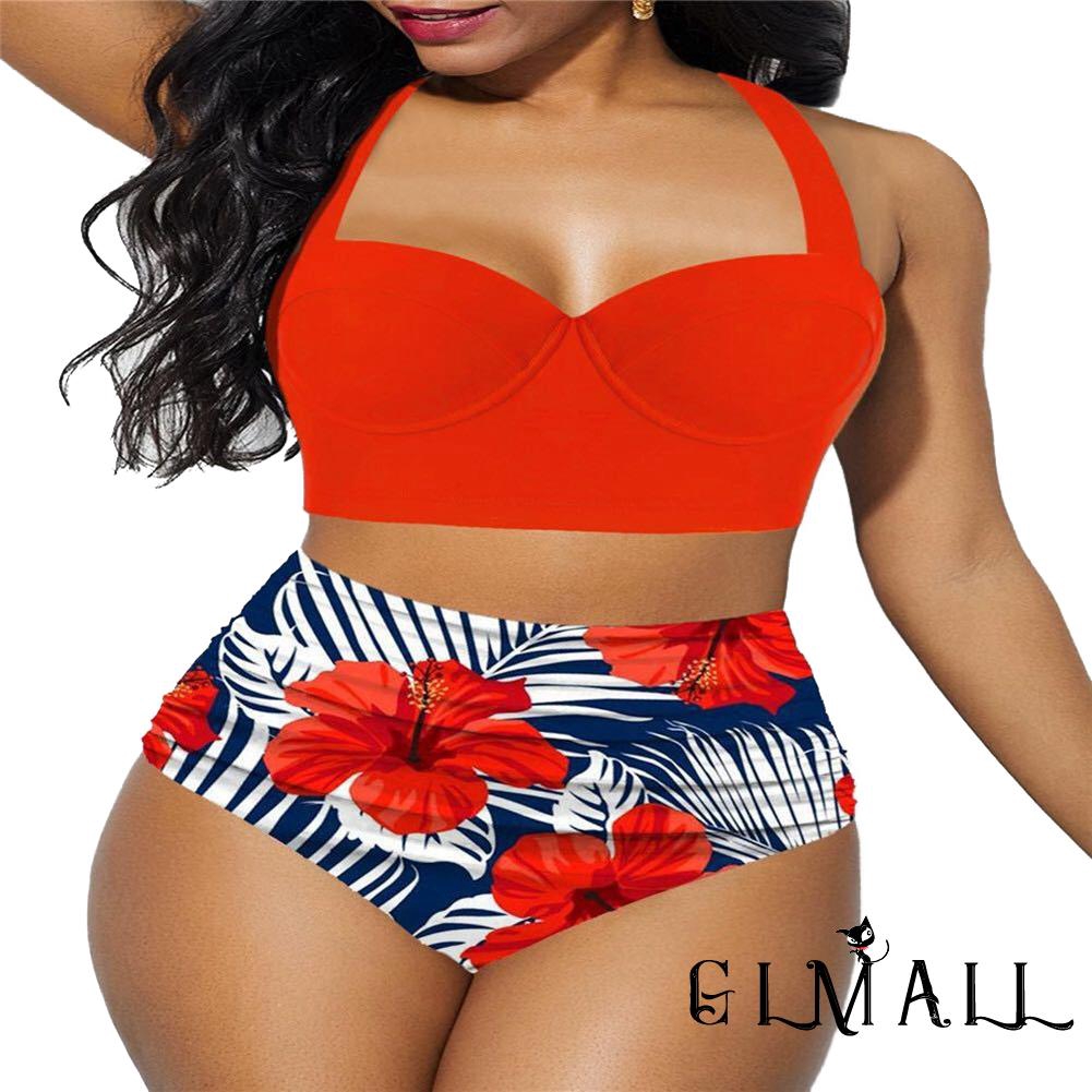 ➤GMLWomen´s Sexy Bikini Set Solid Color Padded Wire Halter Back Buckle Hollow High Waist Flower Print Swimming Bathing Suit | BigBuy360 - bigbuy360.vn
