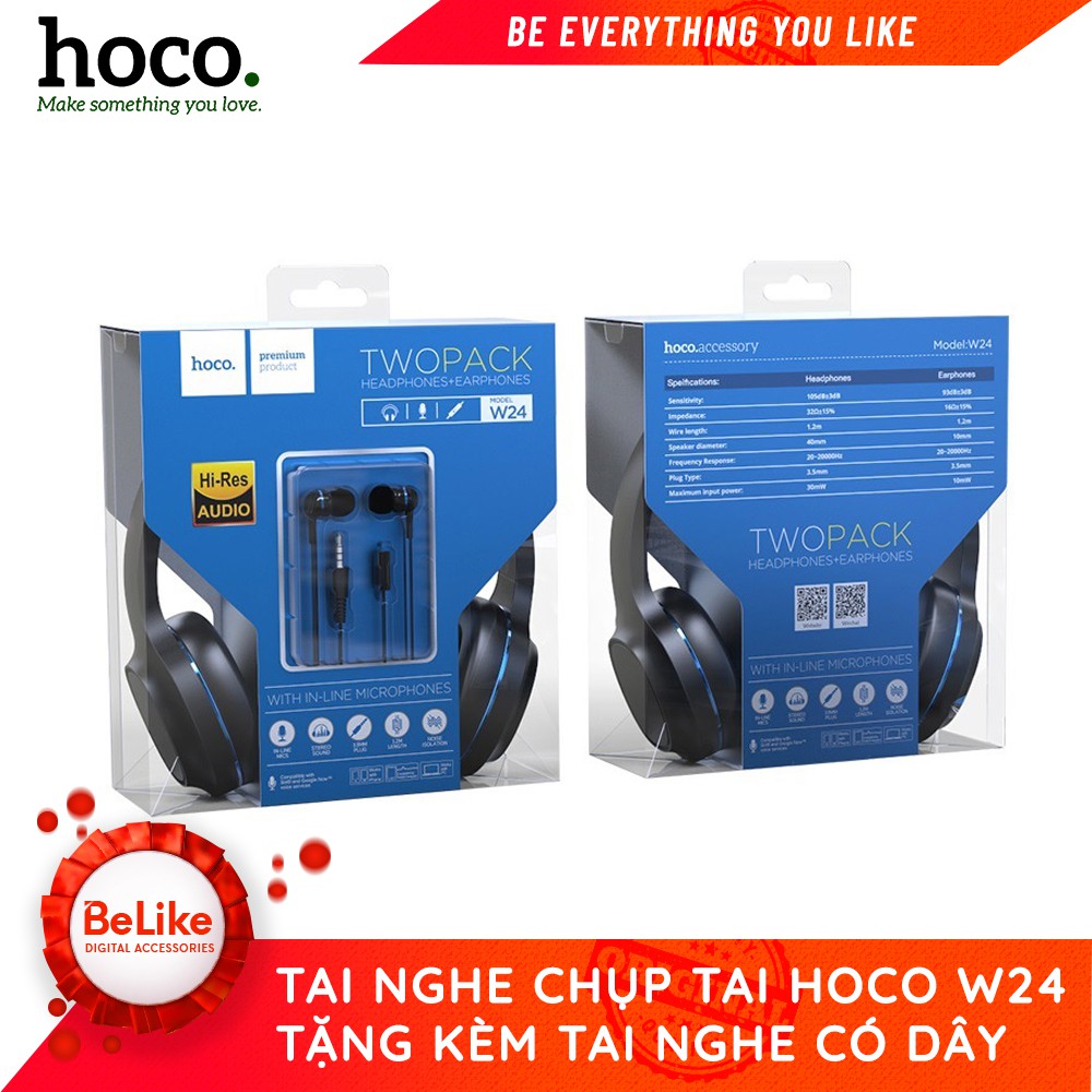 Tai Nghe Chụp Tai Có Dây Hoco W24- Tặng kèm tai nghe nhét tai - Hàng Chính Hãng BH 12 tháng