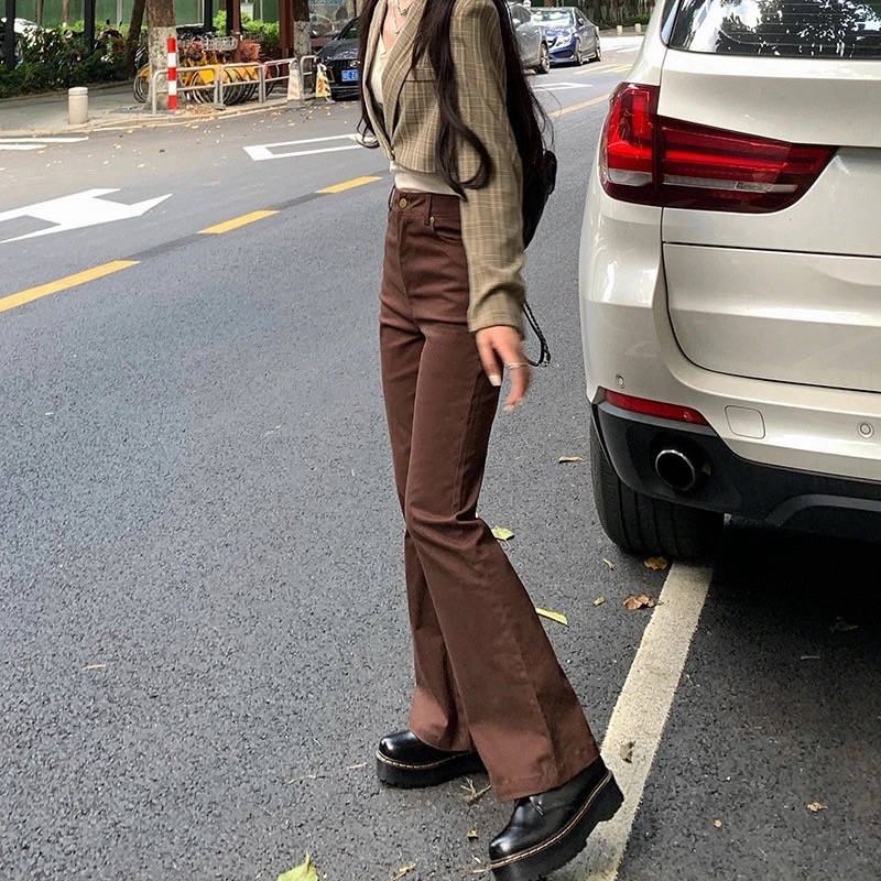 Quần Jeans Ống Loe Màu Nâu Đen Lưng Cao Chất Jean Kaki Loại 1 Dày Dặn Style Hàn Quốc Mặc Hàng Ngày Năng Động