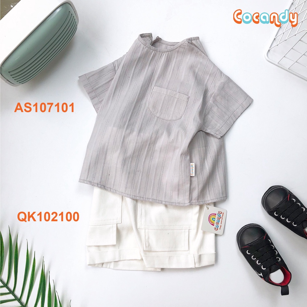 [Cocandy Official Store] Áo đũi cộc tay cho bé trai, bé gái màu ghi điểm cúc vai