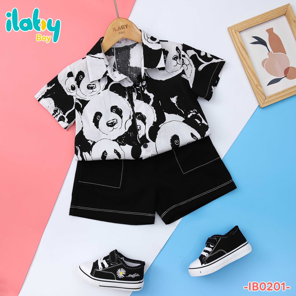 Set đồ bộ bé trai ILABY áo sơ mi gấu kèm quần ngố [52IB02010621]
