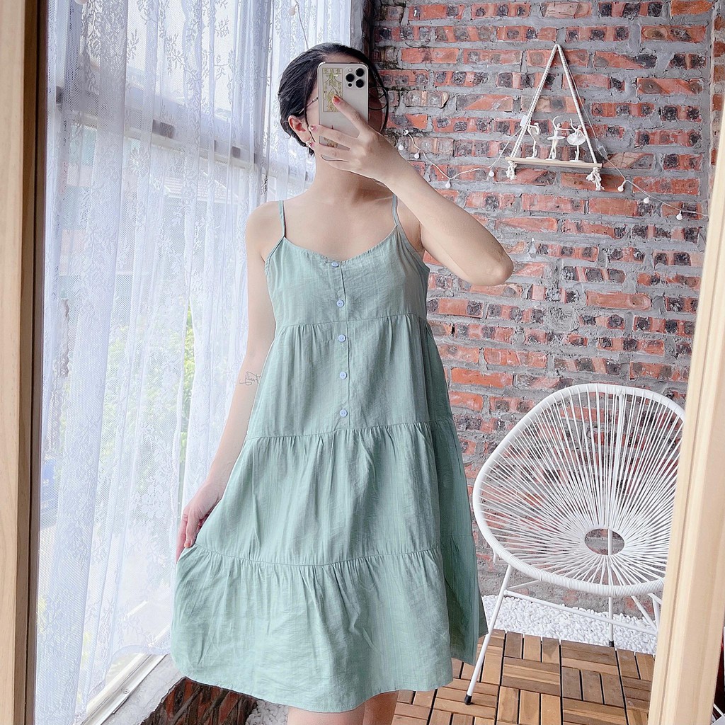 Váy đầm ngủ 2 hai dây mặc nhà sexy Madela Đũi Lụa Tơ Hàn, Đầm 2 dây dáng suông giả 4 tầng -  VDD02