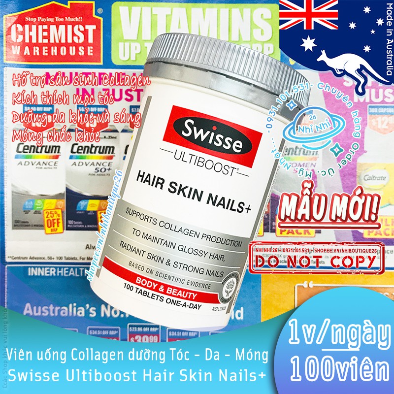 💥MỚI VỀ💥 Viên uống bổ sung Collagen đẹp da, tóc, móng SWISSE ULTIBOOST HAIR SKIN NAILS - 100 viên 🌈 Chuẩn Chemist 🌈