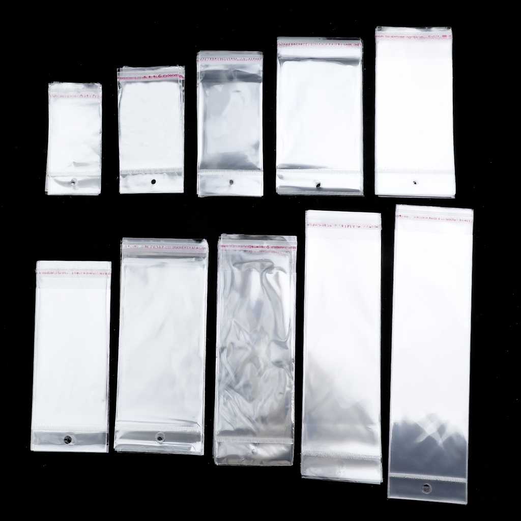 Set 100 túi nhựa OPP poly trong suốt có keo dán tự dính và lỗ treo dùng đóng gói bao bì bán lẻ