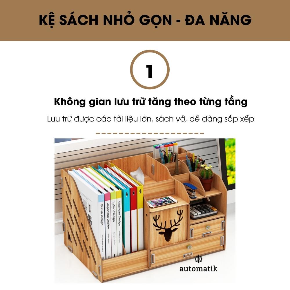 Kệ Gỗ Đa Năng Để Bàn Đựng Mỹ Phẩm Sách Vở Bút, Tài Liệu Văn Phòng, Đồ Dùng Học Tập + Tặng Sổ Tay Mini - Automatik