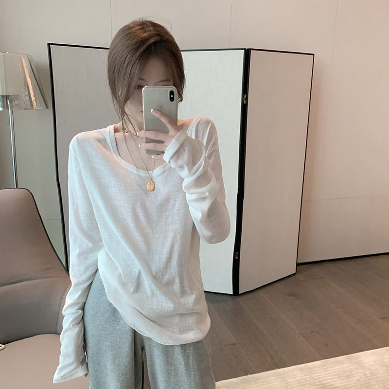 IELGY Áo Thun Tay Dài Cổ Tròn Dáng Rộng Màu Trắng Thời Trang Xuân Hè Mới Dành Cho Bạn Nữ