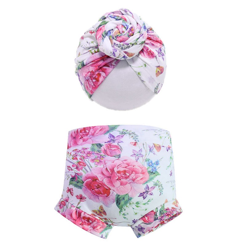 Set 2 Món Gồm Mũ Turban + Quần Ngắn Thắt Nút In Họa Tiết Mùa Hè Cho Bé Sơ Sinh