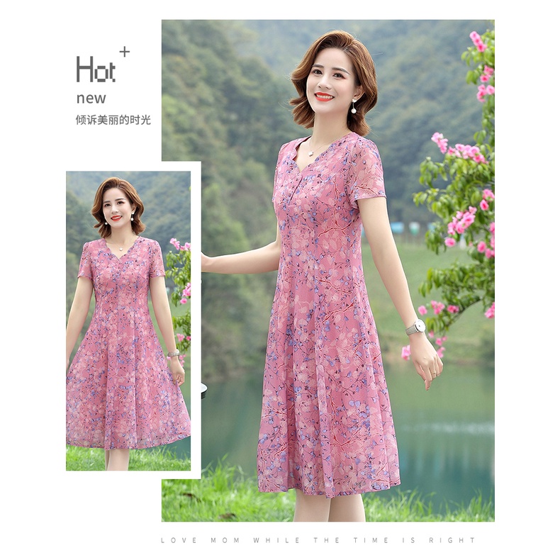 Đầm Chiffon In Hoa Thời Trang Mùa Hè Cho Phụ Nữ Trung Niên 40-50 Tuổi