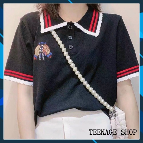 Áo len cộc tay cổ polo Hàn Quốc phối viền kẻ thêu hình