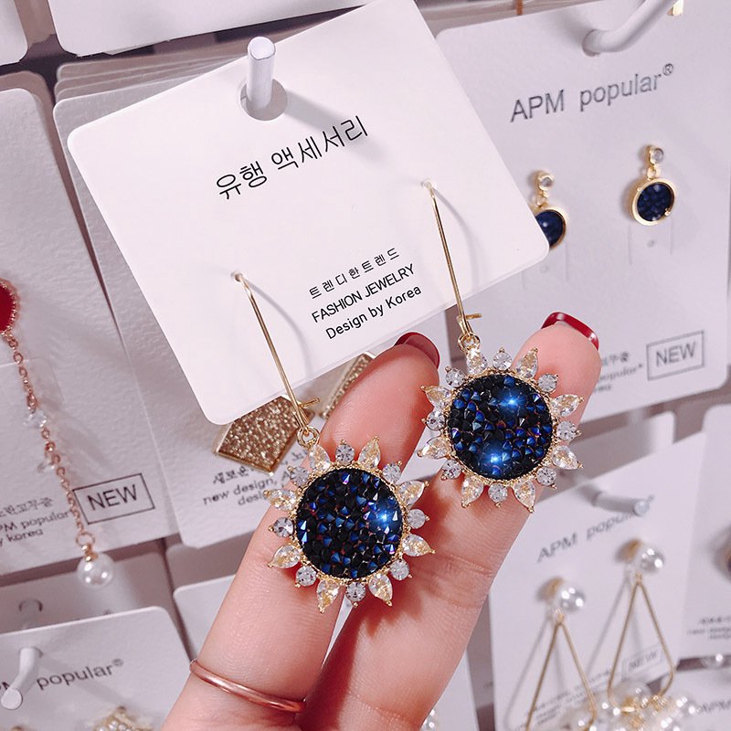 Bông Tai Hình Hoa Hướng Dương Đính Đá Zircon Xanh Hoàng Gia Thời Trang Hàn Quốc