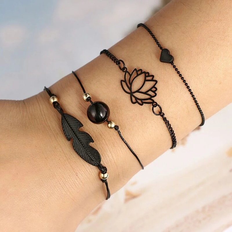Set 4 Vòng Tay Bện Dây Hình Hoa Sen/Lá Sen/Lá Sen Màu Đen Phong Cách Bohemian Vintage Có Thể Điều Chỉnh Cho Nữ