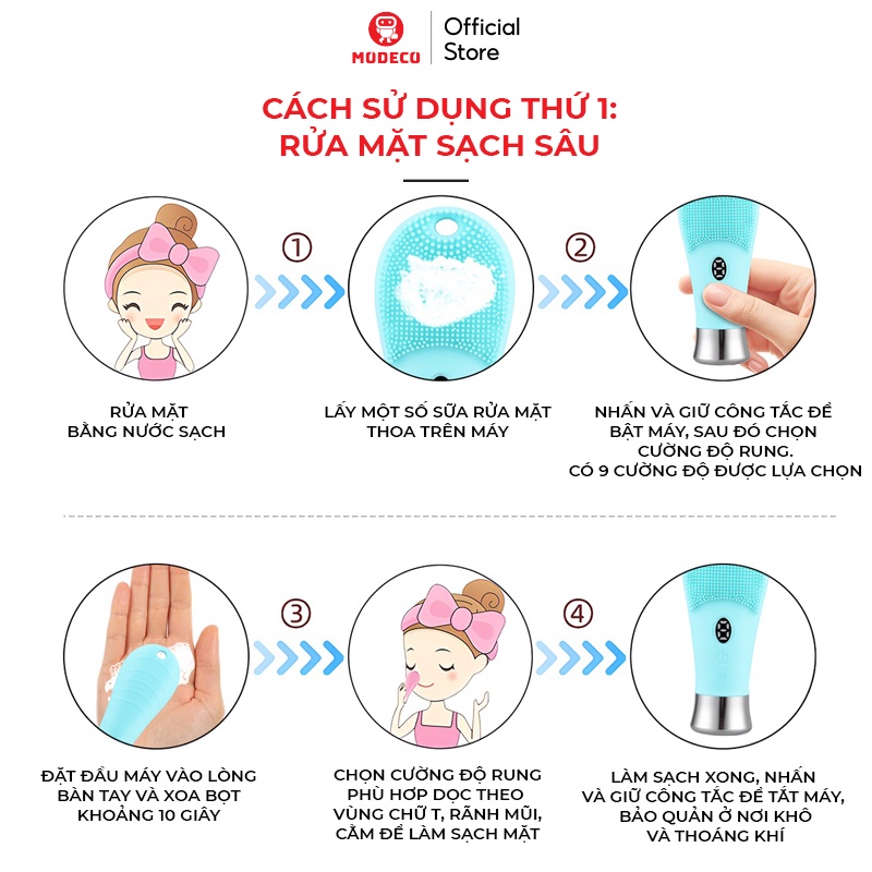 Máy Rửa Mặt Massage Nhiệt Modeco 3 Trong 1 - 9 Cấp Độ Làm Sạch Sâu Tẩy Tế Bào Chết, Làm Nóng Tăng Hấp Thu Dưỡng Chất