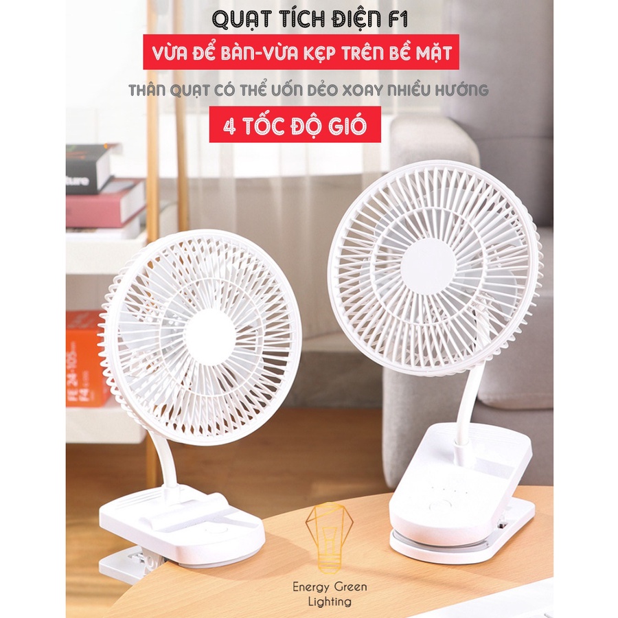 Quạt Tích Điện Energy Green Lighting F1 Vừa Để Bàn - Vừa Kẹp Trên Bề Mặt - 4 Tốc Độ Gió Siêu Mát - Pin 2000mAh