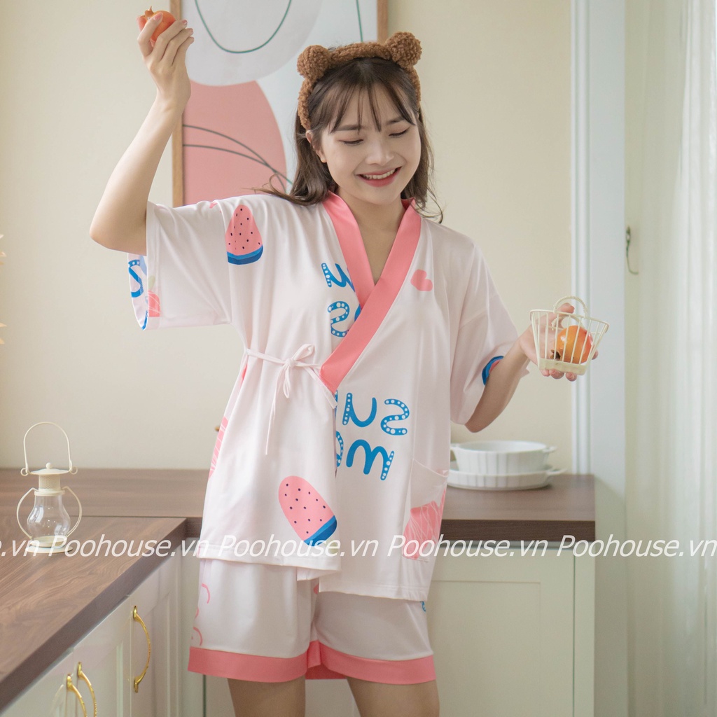 Pijama bộ đồ ngủ Kimono, bộ đồ nữ mặc nhà kiểu Nhật chất liệu cotton cộc tay áo phông, quần đùi - Poohouse KIMONO-SUMMER