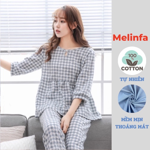 Bộ đồ ngủ nữ quần dài vải bông Cotton tự nhiên mềm mại thoáng mát, bộ Pyjamas mặc nhà mã VABD0197