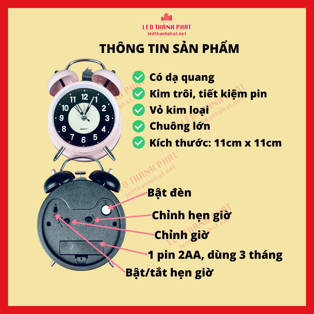 Đồng hồ để bàn báo thức TWIN BELL kim trôi dạ quang có đèn , tặng kèm pin bảo hành 6 tháng
