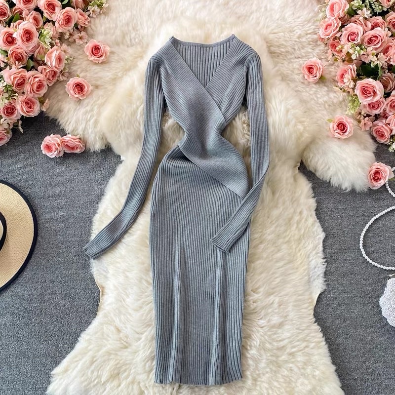 Đầm cổ đắp chéo, đầm body tay dài hot girl thiết kế