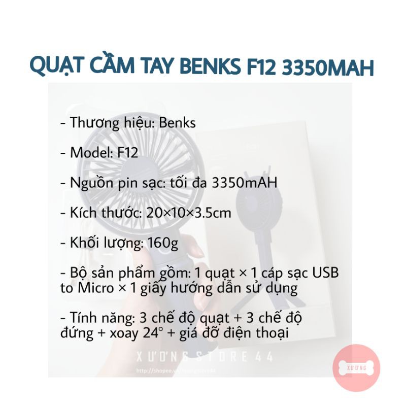 [3350mAH] Quạt cầm tay Benks 3350mAH F12 có gái đỡ điện thoại và 3 chế độ đứng tiện lợi