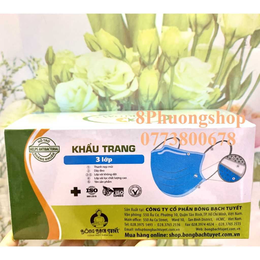 Khẩu trang y tế 3 lớp Meriday màu Xanh hỗ trợ kháng khuẩn 50 cái/ Hộp - Hàng Chính hãng Bông Bạch Tuyết