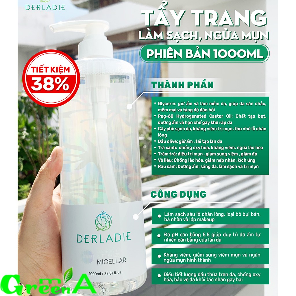 Tẩy Trang DERLADIE [ CHAI 1 LÍT] Cleansing Water Witch Hazel Nước Tẩy Trang Cây Phỉ Đầu Tiên Cho Mọi Loại Da Nhập Khẩu