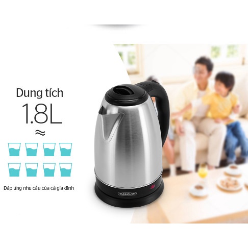 Ấm siêu tốc, Ấm siêu tốc Sunhouse inox 2 lớp 1.8L SHD1182 sôi nhanh, an toàn, tự động ngắt khi nước sôi.