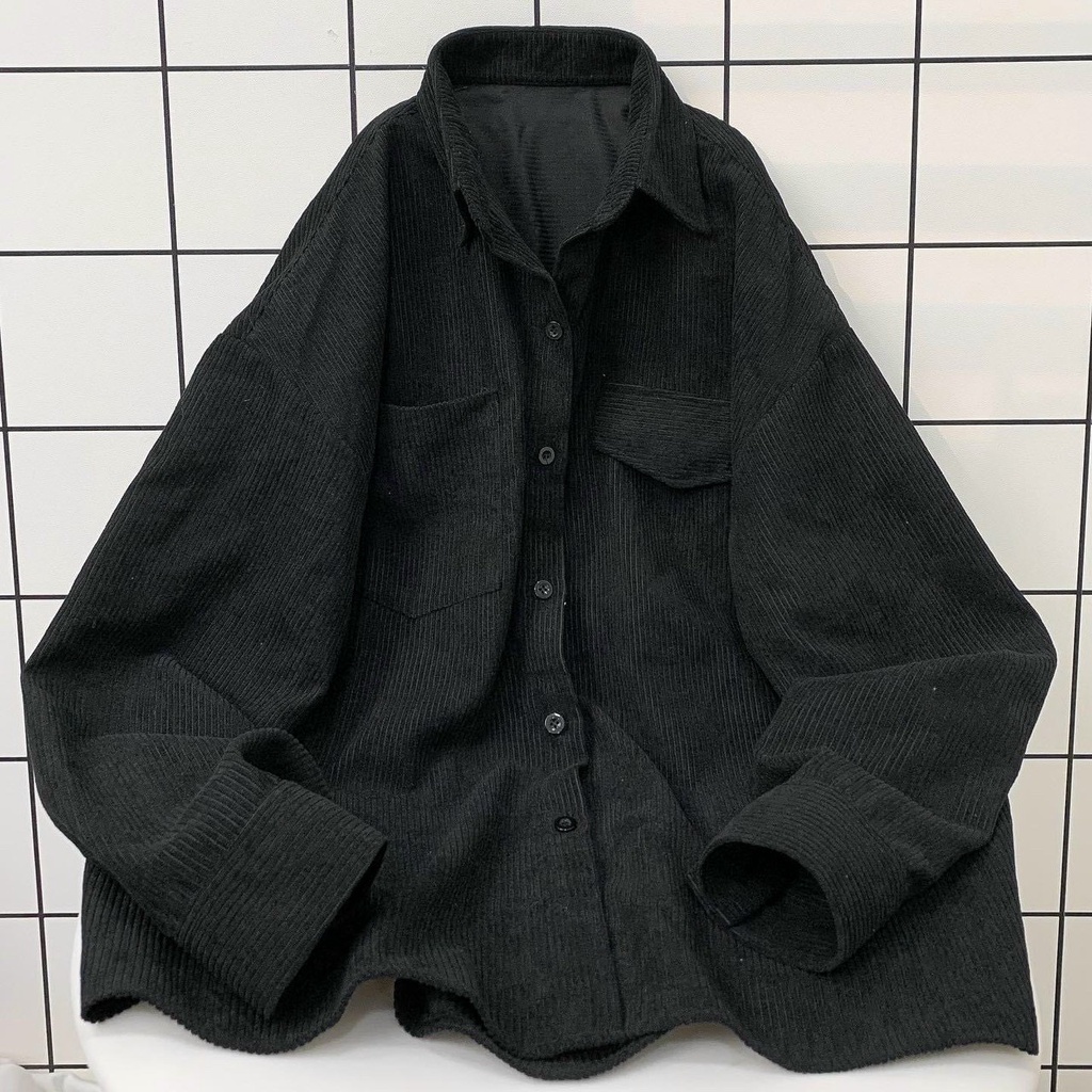 Áo Khoác Sơ Mi Nhung Gân Nam Nữ Unisex Nắp Túi 1 Bên Chất Dày Dặn Phong Cách Hàn Quốc