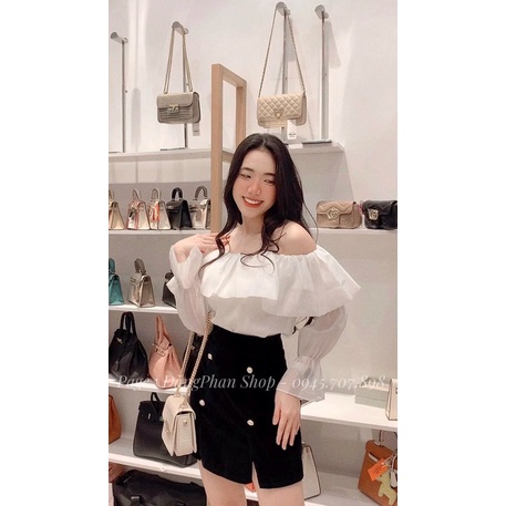 Áo trễ vai bồng bềnh vải tơ 2 lớp