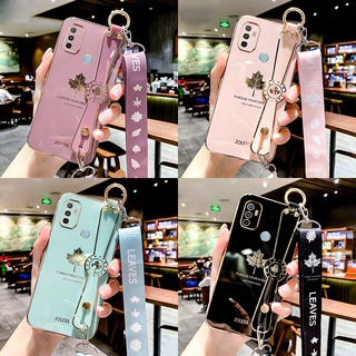 Casing For Oppo A53 A32 A33 A91 Reno 3 A35 A15 A15S A8 A31 F19 F9 Pro A94 A74 A95 F19S Luxury Wrist Strap 6D Cute Maple Leaf Soft Silicone Rubber Phone Case With Gift Lanyard