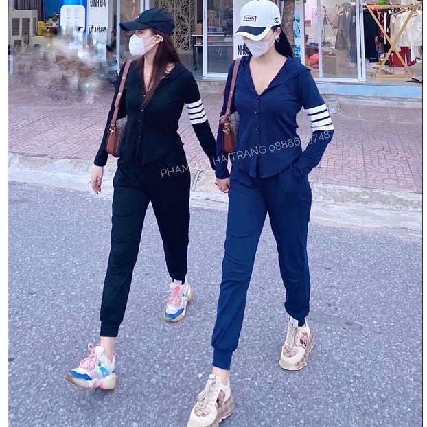 Bộ len thụng mũ vạt bầu mix quần jogger sọc thể thao đồ bộ nữ thu đông