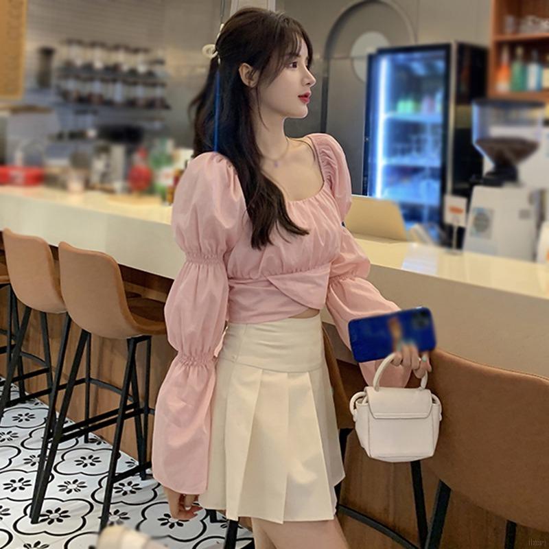 Áo Croptop Tay Dài Chất Chiffon Phối Nơ Thiết Kế Cổ Vuông Thanh Lịch