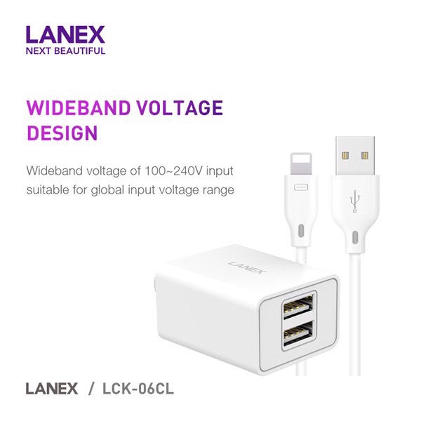 Bộ Sạc Nhanh 2 Cổng USB Chính Hãng LANEX 06CL Cho Iphone/Androi dây dài 1m